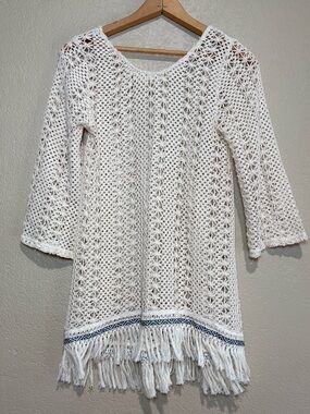 Ya Los Angeles Cream Crochet Fringe with Blue Trim High Low Shirt